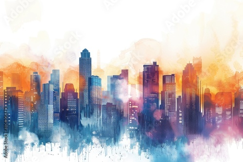 Vibrant watercolor painting of a city skyline  perfect for urban-themed designs