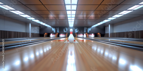   Bowling alley and white pins, Close-up of one empty bowling track lane at entertainment center background  one lanes tracks at bowling club with bunch of bowls pins at far distance. low angle     
 photo
