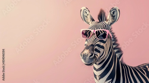 creative animal concept. A Surreal Encounter A Zebra Adorned in Sunglasses, Emerging from a Dreamlike Pastel Landscape