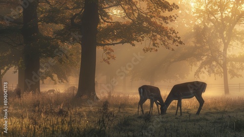Dawn in Misty Forest - Gentle Deer Grazing