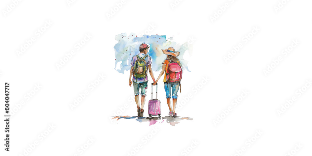 
watercolor, couple holding hands and wearing backpacks with luggage on white background