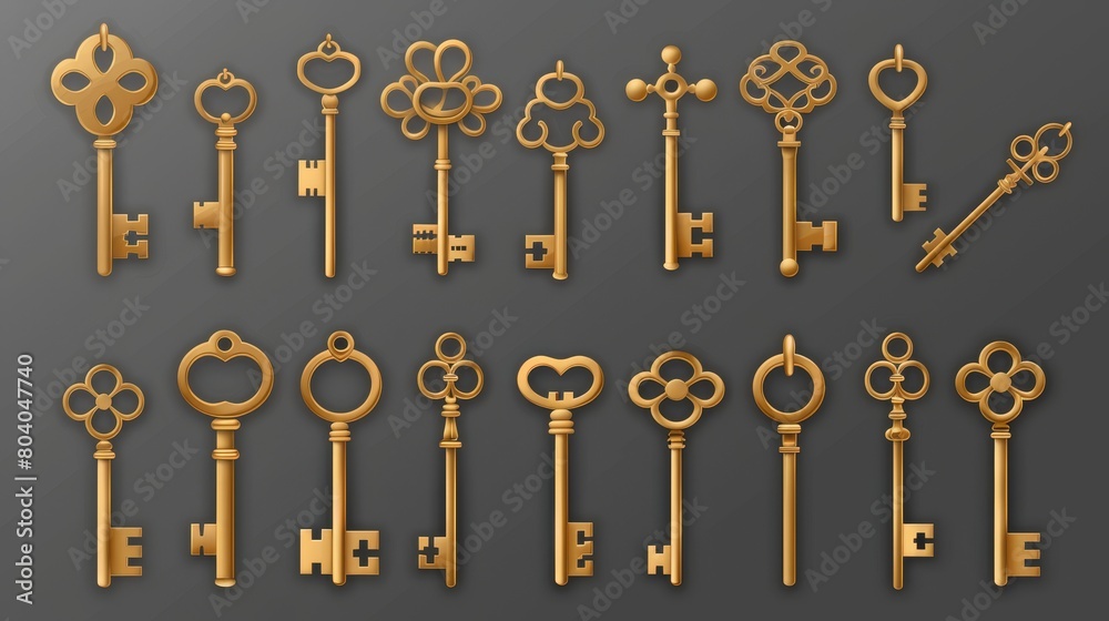 Decorative golden keys isolated on transparent background. Modern realistic set of vintage decorative golden keys for locks, house doors, or treasures. 3D shiny symbols of secrecy and security. Decorative golden keys isolated on transparent background. Modern realistic set of vintage decorative golden keys for locks, house doors, or treasures. 3D shiny symbols of secrecy and security.