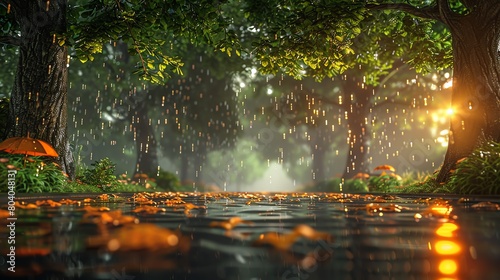 Dramatic portrayal of a grove of trees, each dripping with water from their leaves, creating puddles on a rainless day