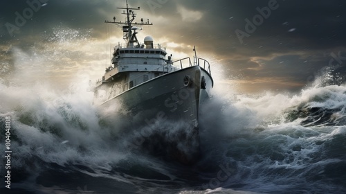 A military vessel through the waves attacked