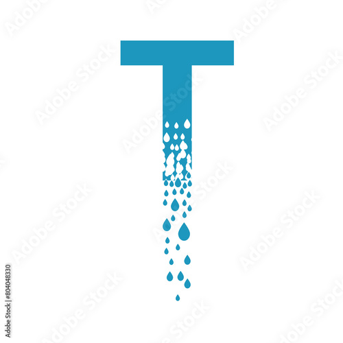 The letter T dissolves into droplets. Drops of liquid fall out as precipitation. Destruction effect. Dispersion