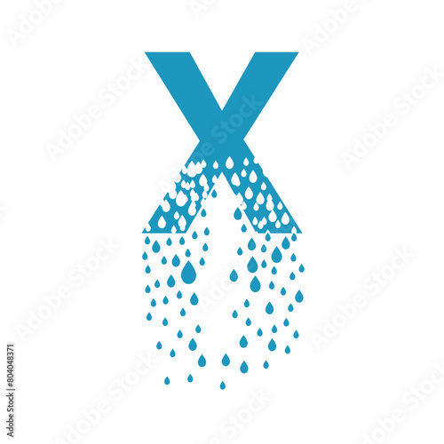 The letter X dissolves into droplets. Drops of liquid fall out as precipitation. Destruction effect. Dispersion