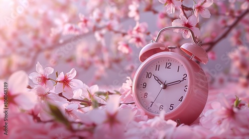 Alarm clock with cherry blossoms, switch to daylight saving time in spring, summer time changeover. Image of time. copy space for text.