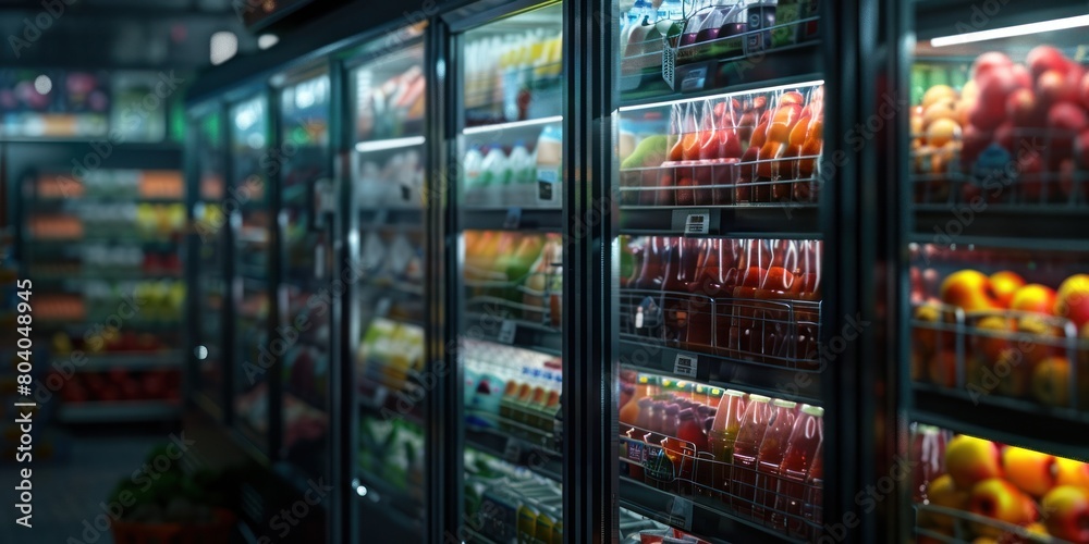 Refrigerated foods in Supermarket shelves with variety of food, fruits and beverages.