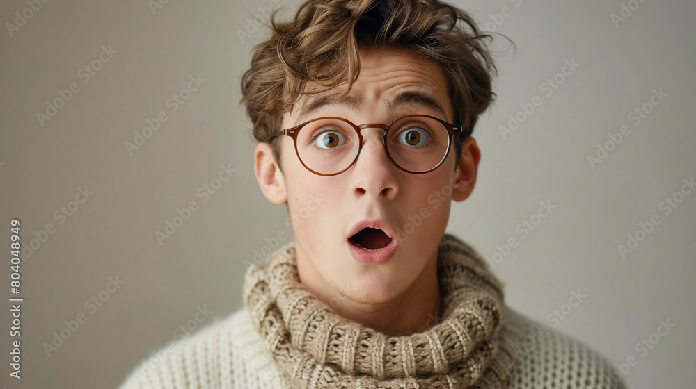 Captivating close-up of a young man with exaggerated surprise, round glasses, and chunky knitwear. Captivating close-up of a young man with exaggerated surprise, round glasses, and chunky knitwear.