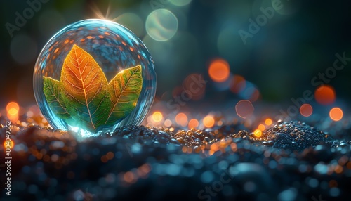 Crystal sphere capturing a macro view of a green leaf behind it, highlighting vein patterns that echo the intricate details of a DNA atom model