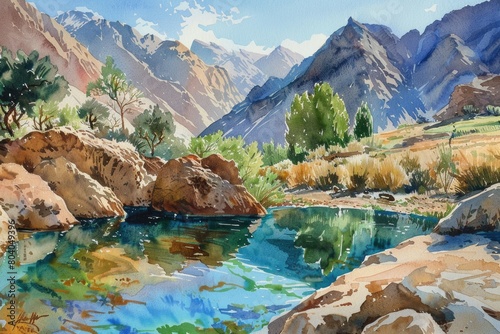 Serene watercolor painting of a river in the mountains. Perfect for nature lovers and travel enthusiasts