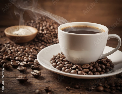 La tazzina di caffè è un porto sicuro nel mare del mattino, circondata dai suoi fedeli marinai: i chicchi di caffè.