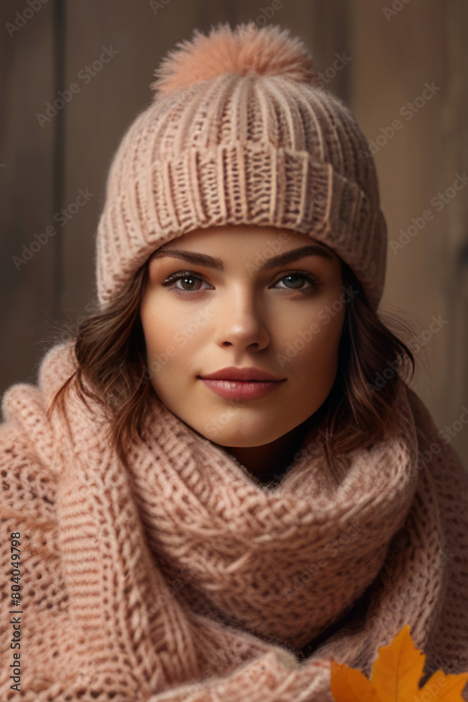 Transport yourself to a realm of rustic charm as you admire the knitted scarf, wool hat, and fall leaves adorning a fuzzy peach-colored wooden backdrop, capturing the essence of autumn beauty. Transport yourself to a realm of rustic charm as you admire the knitted scarf, wool hat, and fall leaves adorning a fuzzy peach-colored wooden backdrop, capturing the essence of autumn beauty.