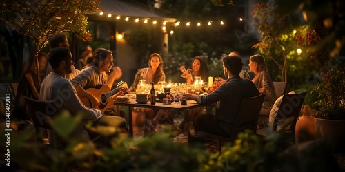 Group of friends having dinner together in a restaurant on a summer evening