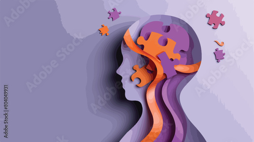 Paper human head with puzzle pieces and orange ribbon