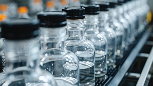 Empty bottles moving on a conveyor belt, suitable for industrial concepts
