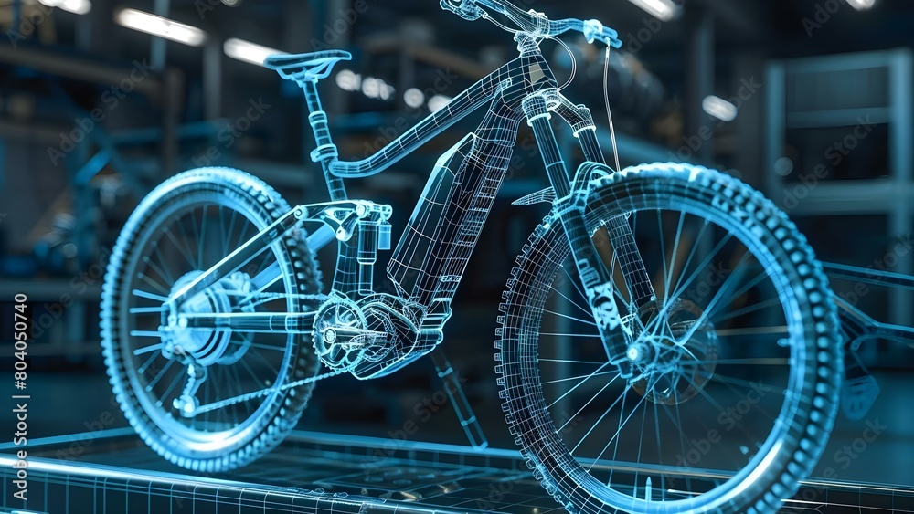 Virtual wireframe prototype of electric mountain bike in display factory simulation . Concept Virtual Prototyping, Electric Mountain Bike, Display Factory, Simulation, Wireframe Design