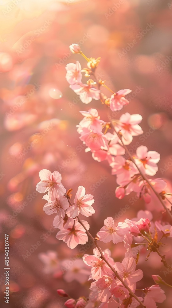 sakura flowers of pink color on sunny backdrop. Beautiful nature spring background with a branch of blooming sakura. Sakura blossoming season in Japan