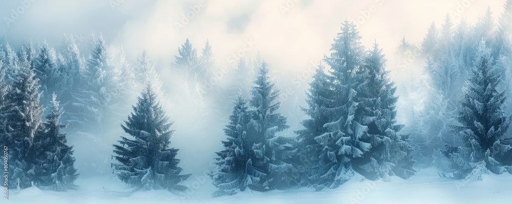 Seasonal Background with Snow covered Trees in a Pale Fog. Tranquil Winter Woodland Banner. Seasonal Background with Snow covered Trees in a Pale Fog. Tranquil Winter Woodland Banner.