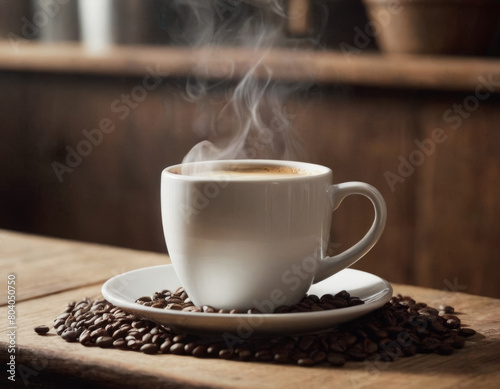 La tazzina di caffè è un'ancora di serenità, circondata dai suoi compagni di avventura: i chicchi di caffè. photo
