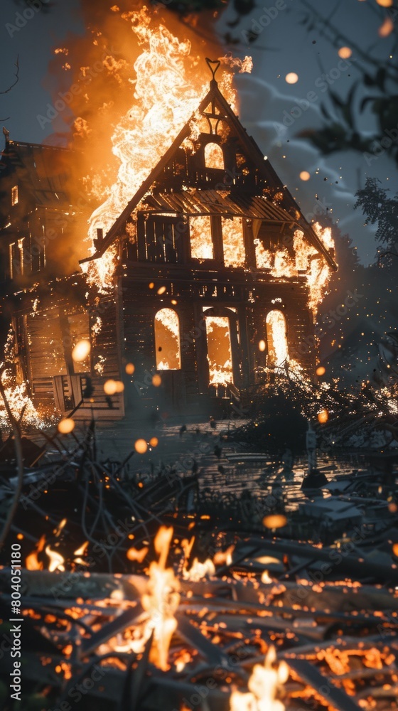 The burning remains of a house. The burning remains of a house.
