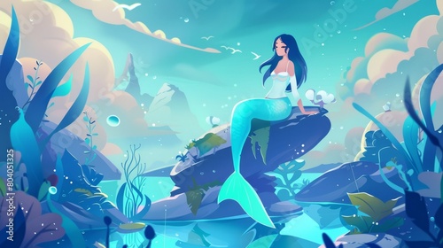 Mercadian history banner with mermaid sitting on stone in water with fish tail. Modern landing page with cartoon illustration of adorable fairy tale woman mermaid and seascape. © Mark