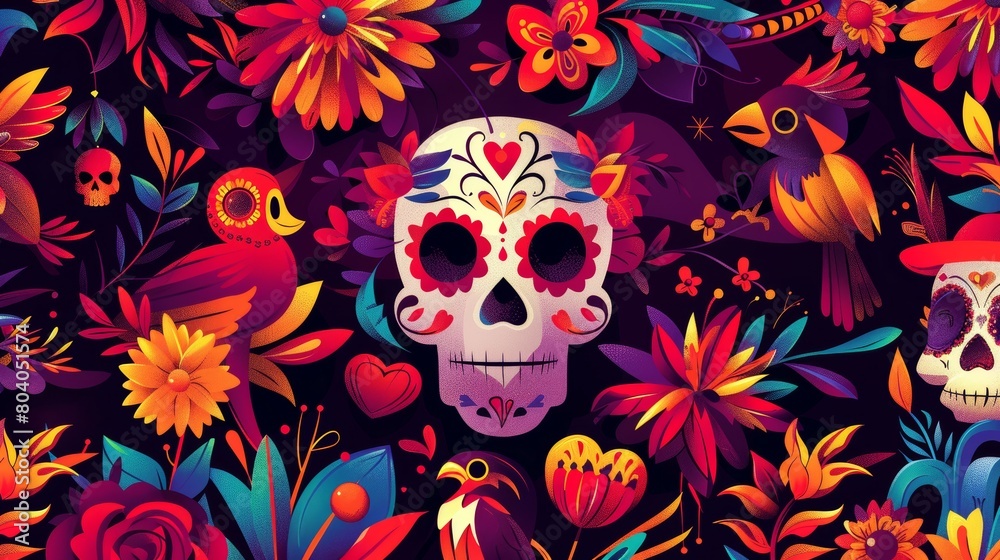 Modern landing page of Day of Dead in Mexico with cartoon illustration of traditional Mexican ethnic print with skull, flowers, heart and birds. Modern landing page of Day of Dead in Mexico with cartoon illustration of traditional Mexican ethnic print with skull, flowers, heart and birds.