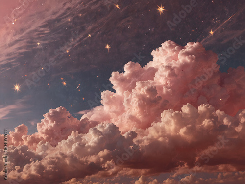 Dreamy pink sky. Soft pink clouds drift across a twilight sky, sprinkled with twinkling stars