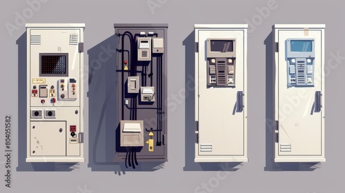 Electrical panel with switchers, closed door, automatic circuit breaker, isolated switchboard equipment for power control and distribution, realistic modern illustration, mockup photo