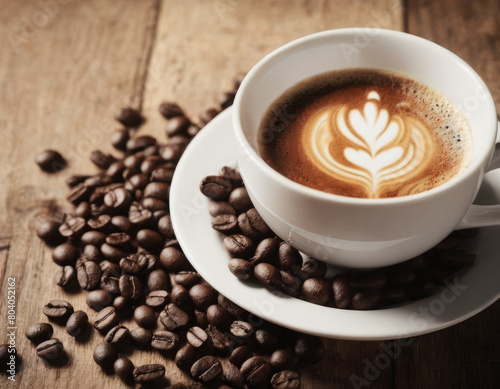 La tazzina di caffè è una promessa di inizio, circondata dai suoi alleati: i chicchi di caffè. photo