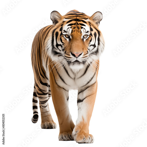 a tiger walking on a white background