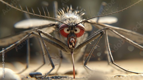 Detailed close-up of a mosquito with a red eye. Suitable for scientific and medical concepts