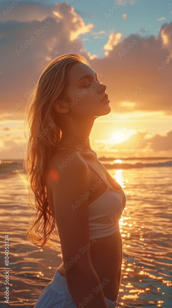 Young woman enjoying golden hour at the beach. Generative AI image Young woman enjoying golden hour at the beach. Generative AI image