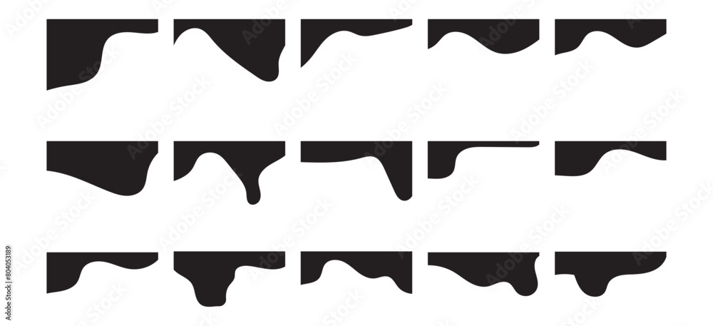 Website border and header set with drops, waves, organic and geometric shapes in black colour. Isolated vector template for website, app, poster, banner. On white background in eps 10. Website border and header set with drops, waves, organic and geometric shapes in black colour. Isolated vector template for website, app, poster, banner. On white background in eps 10.