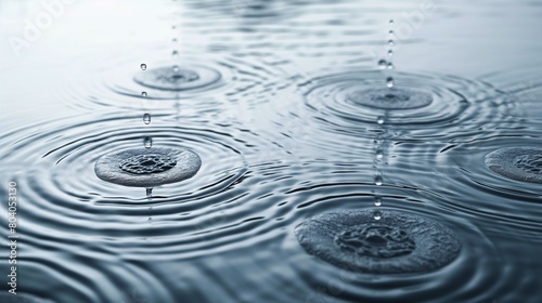 A detailed shot of rain hitting the surface of a lake, each drop creating its own set of ripples, merging into a complex pattern of intersecting circles.