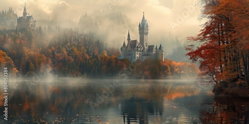 Castle Shrouded in Mist. Atmospheric Autumn Lake Scene. \