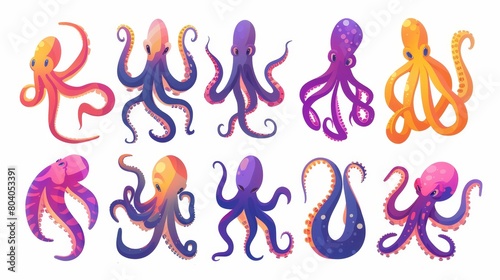 Cartoon icon set of octopus tentacles, monster krakens, or squid palps shown on white background. Fantasy creature cephalopod arms and legs. Cthulhu palpitations. Cartoon icon set of octopus photo
