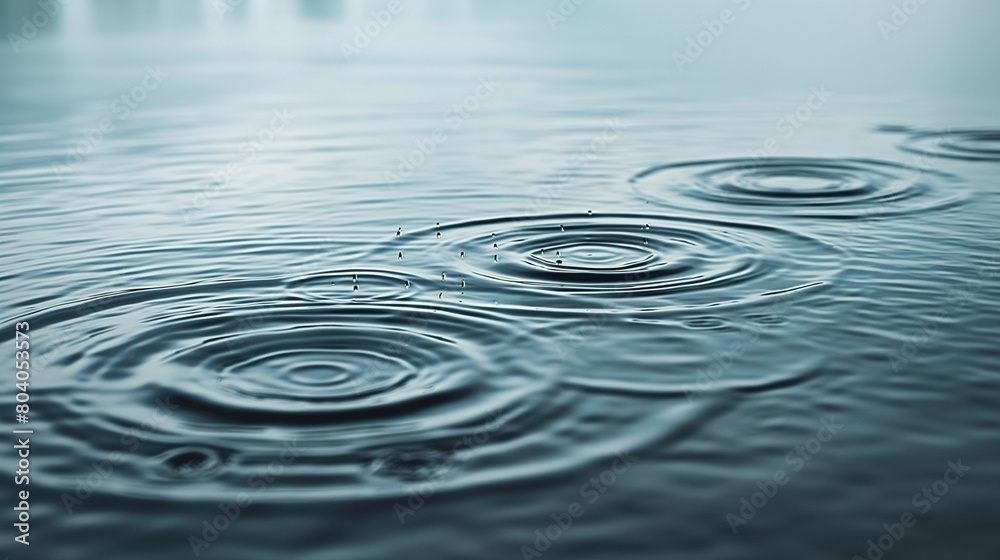 A detailed shot of rain hitting the surface of a lake, each drop creating its own set of ripples, merging into a complex pattern of intersecting circles.