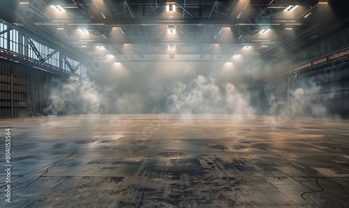 An empty studio with a cement floor, with floodlights above and smoke in the background photo