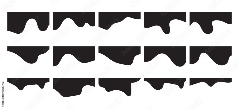 Website border and header set with drops, waves, organic and geometric shapes in black colour. Isolated vector template for website, app, poster, banner. On white background in eps 10.