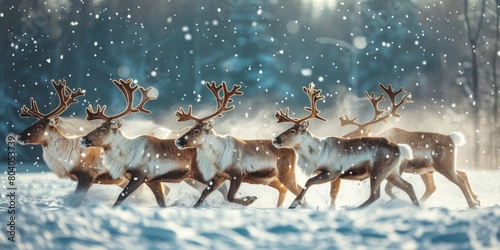 Reindeers running in snowy field under sky