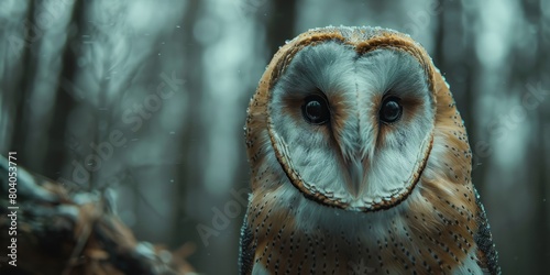 Close up view portrait of the barn owl in the forest photo