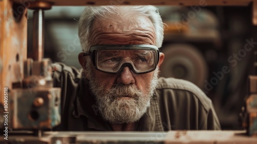 A senior man in his 60s wearing safety goggles, working in a shutter factory, He is using customized machinery for drilling joints into wood, The focus is on his face concentrating on hi