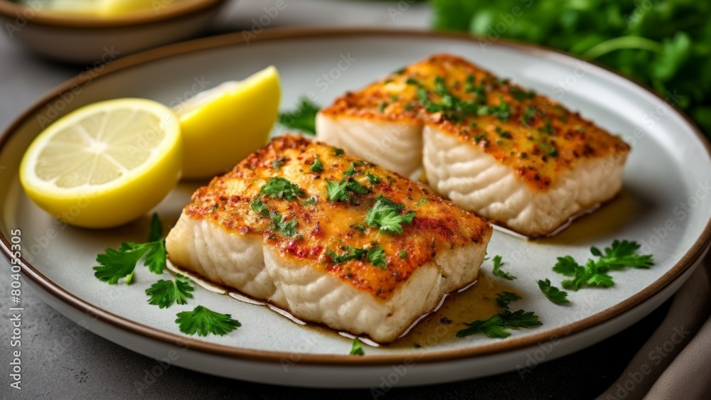 Deliciously grilled fish with lemon and herbs ready to be savored Deliciously grilled fish with lemon and herbs ready to be savored