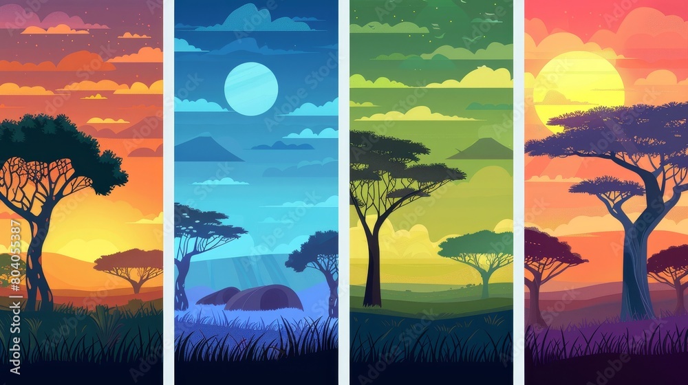 The wild nature of Africa cartoon backgrounds set with trees, rocks, and plain grassland fields at night, morning, day and evening times. Kenya panoramic scene modern illustration.