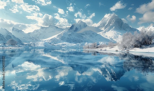 winter landscape with mountains and lake