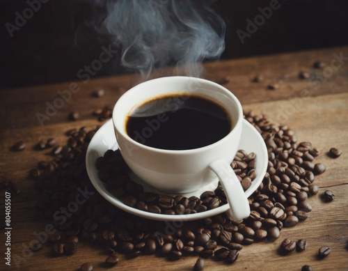 Una tazzina di caffè, il riflesso dell'alba nelle sue curve, accoglie i chicchi di caffè come custodi di un segreto.