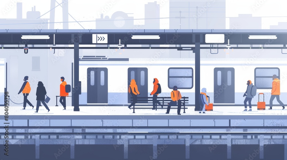People at subway platform with train at metro station. Passengers hurry, stand, walk, or sit on bench at underground tunnel. Characters using public transportation, city life, Line art modern