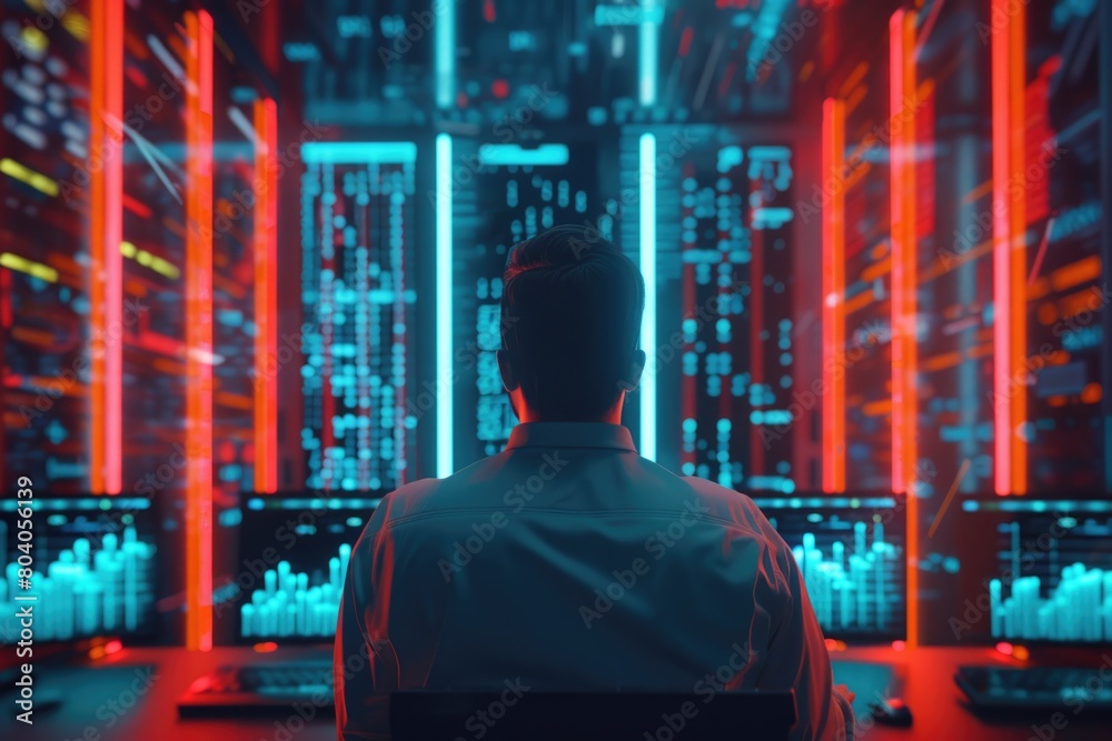 Naklejka premium A man sitting at a desk in front of multiple monitors. Ideal for technology and business concepts