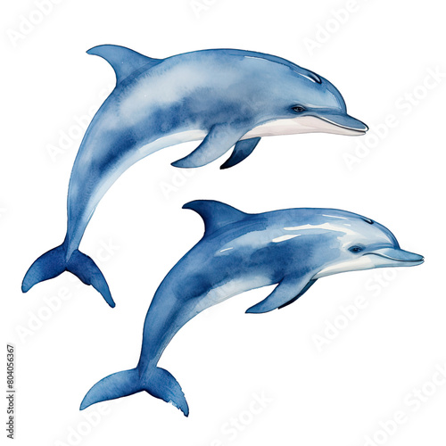 AI-Generated Watercolor two Cute Dolphin jumping Clip Art Illustration. Isolated elements on a white background.